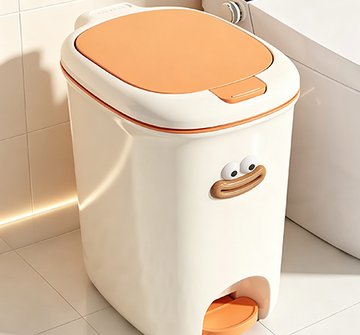 Cream & Orange Color-Block Step Trash Can with Cute Cartoon Face | Hands-Free Pedal Waste Bin with Lid for Kitchen, Bathroom & Kids' Room
