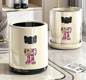 Modern Art-Inspired Double-Layer Trash Can with Bear Graphic & Colorful Mosaic Pattern | Translucent Outer Shell Waste Bin with Black Base for Living Room, Bedroom & Office