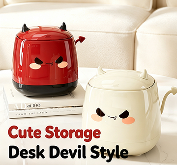 Cute Desk Devil Style Press-Top Storage Bin | Mini Tabletop Trash Can with Horns, Tail & Funny Face for Vanity, Office & Kids' Room | Glossy Red & Cream