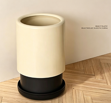 Minimalist Two-Tone Cylinder Open-Top Trash Can with Glossy Finish | Modern Accent Base Waste Bin for Living Room, Bedroom & Office | Cream with Black or Red Base
