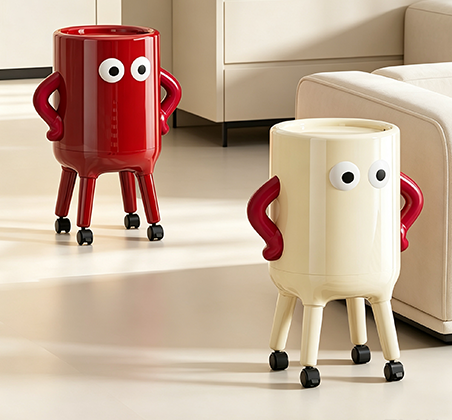 Quirky Cartoon Character Rolling Trash Can with Wheels & Arms | Fun Multi-Leg Open-Top Waste Bin with Big Eyes for Kids' Room, Playroom & Living Room | Glossy Red & Cream