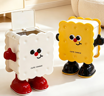 Cute Cookie Shaped Desktop Trash Can with Flip-Top Lid & Funny Face | Novelty Square Waste Bin with Arms & Shoes for Kids' Room, Desk & Playroom | White & Yellow
