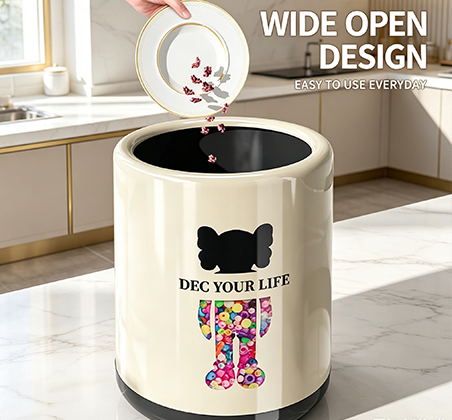Modern Art-Inspired Double-Layer Trash Can with Bear Graphic & Colorful Mosaic Pattern | Translucent Outer Shell Waste Bin with Black Base for Living Room, Bedroom & Office