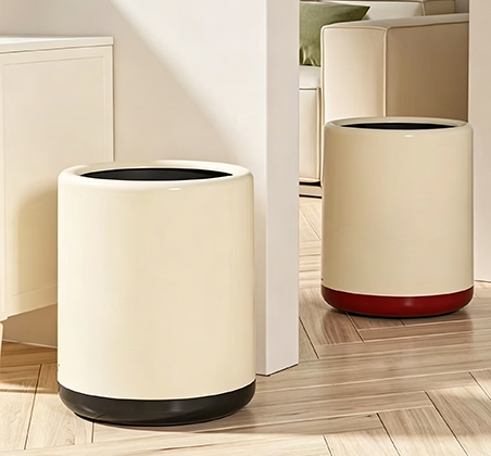 Minimalist Two-Tone Cylinder Open-Top Trash Can with Glossy Finish | Modern Accent Base Waste Bin for Living Room, Bedroom & Office | Cream with Black or Red Base