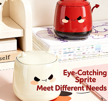 Cute Desk Devil Style Press-Top Storage Bin | Mini Tabletop Trash Can with Horns, Tail & Funny Face for Vanity, Office & Kids' Room | Glossy Red & Cream