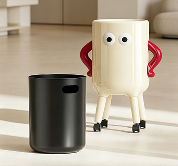 Quirky Cartoon Character Rolling Trash Can with Wheels & Arms | Fun Multi-Leg Open-Top Waste Bin with Big Eyes for Kids' Room, Playroom & Living Room | Glossy Red & Cream