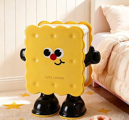 Cute Cookie Shaped Desktop Trash Can with Flip-Top Lid & Funny Face | Novelty Square Waste Bin with Arms & Shoes for Kids' Room, Desk & Playroom | White & Yellow