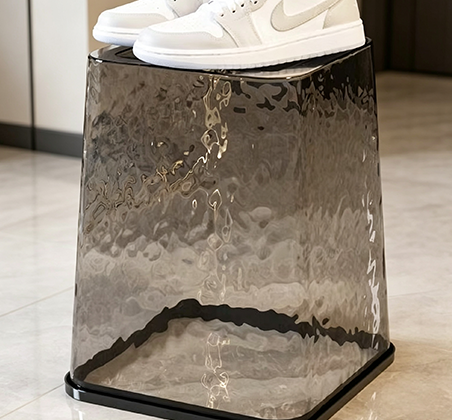 Textured Water Ripple Clear Trash Can with Colored Rim | Modern Square Open-Top Waste Bin with Wavy Glass-Like Finish for Bathroom, Office & Hotel | Smoky Gray & Clear