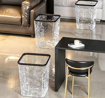Textured Water Ripple Clear Trash Can with Colored Rim | Modern Square Open-Top Waste Bin with Wavy Glass-Like Finish for Bathroom, Office & Hotel | Smoky Gray & Clear